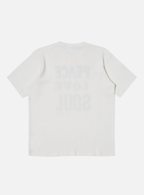 Universal Works 30616 Print T Shirt In Organic Cotton/Hemp Waffle Off White