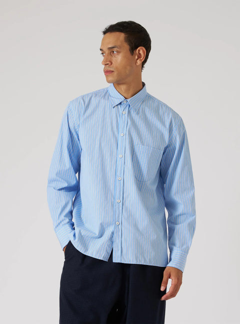 Universal Works 33574 Vila Stripe Wide Lazy Day Shirt Blue