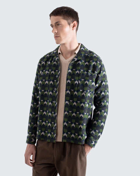 Far Afield AFJK347 Hiro Overshirt Jacket In Green / Multi - Arrows - Brushed Jacquard