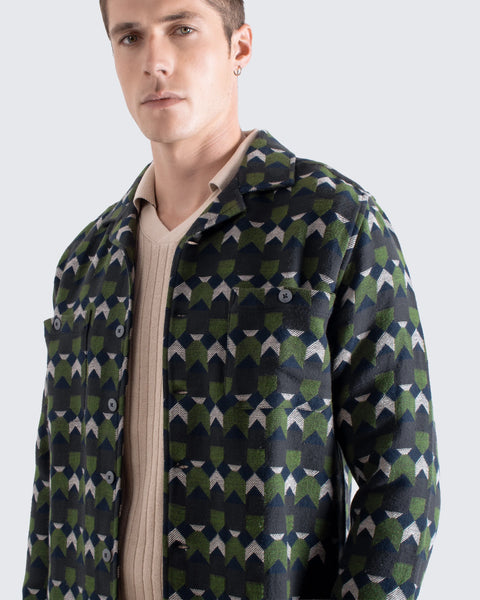 Far Afield AFJK347 Hiro Overshirt Jacket In Green / Multi - Arrows - Brushed Jacquard