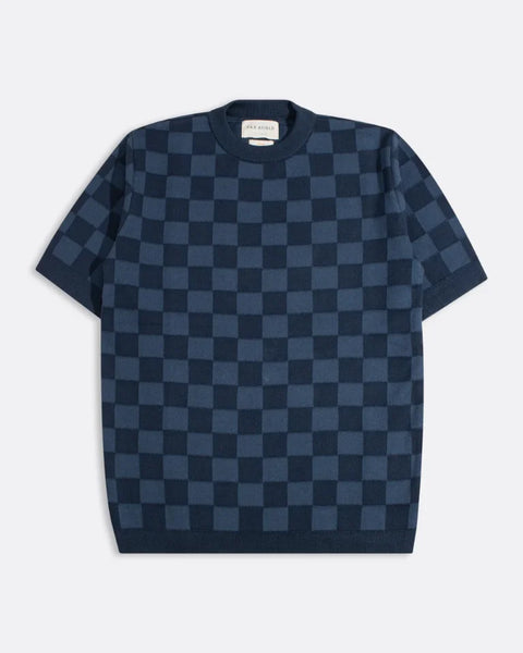 Far Afield AFKN720 Caetano Check Knittted Top In Navy / Blue