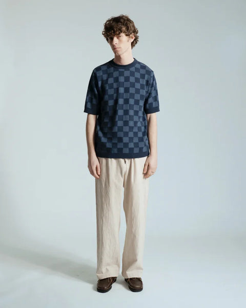 Far Afield AFKN720 Caetano Check Knittted Top In Navy / Blue