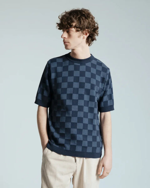 Far Afield AFKN720 Caetano Check Knittted Top In Navy / Blue