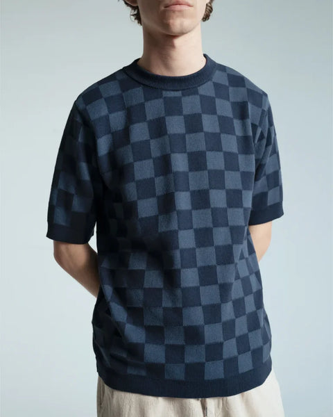 Far Afield AFKN720 Caetano Check Knittted Top In Navy / Blue
