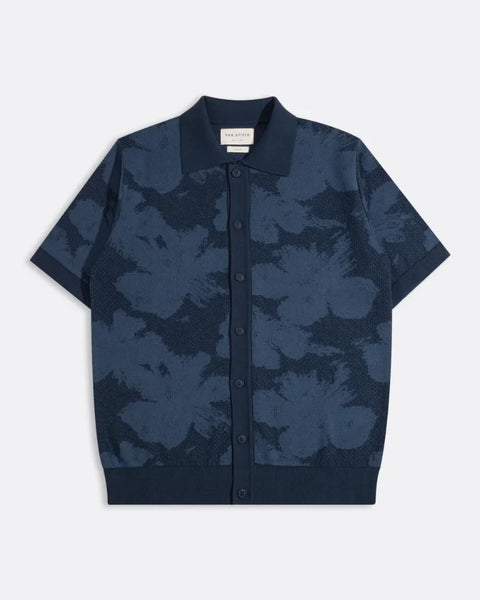 Far Afield AFKN742 Zigger Knitted Shirt In Navy - Pixel Flower