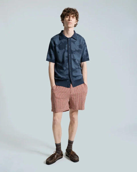 Far Afield AFKN742 Zigger Knitted Shirt In Navy - Pixel Flower