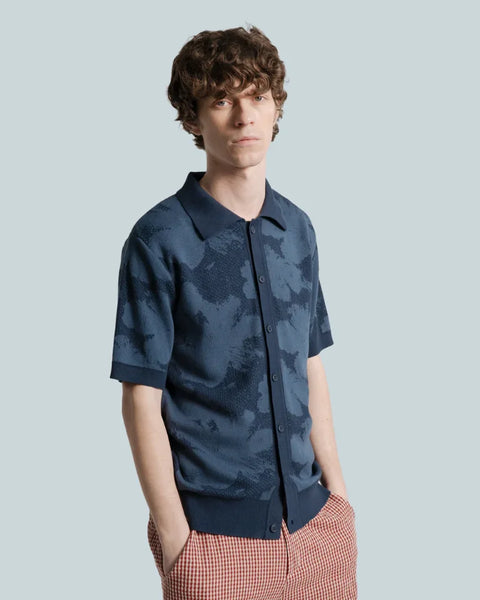 Far Afield AFKN742 Zigger Knitted Shirt In Navy - Pixel Flower