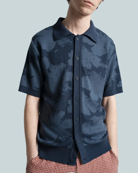 Far Afield AFKN742 Zigger Knitted Shirt In Navy - Pixel Flower