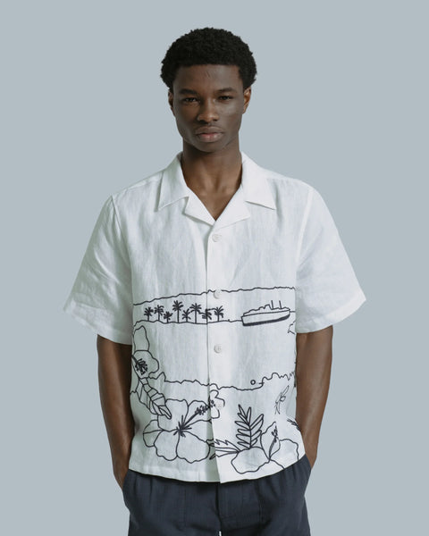 Far Afield AFS1028 Veloso Shirt In White - Embroidered Landscape