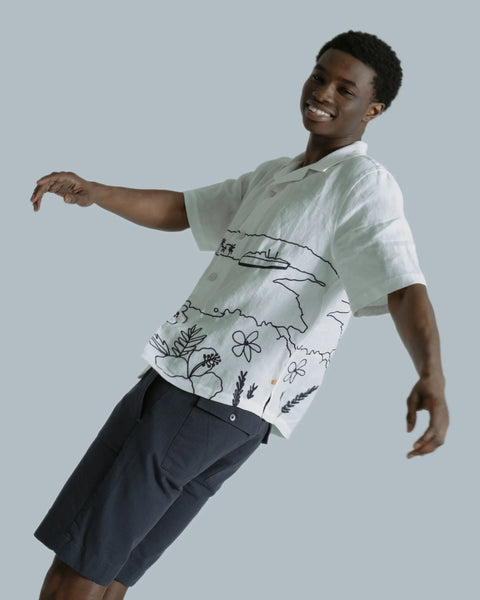Far Afield AFS1028 Veloso Shirt In White - Embroidered Landscape