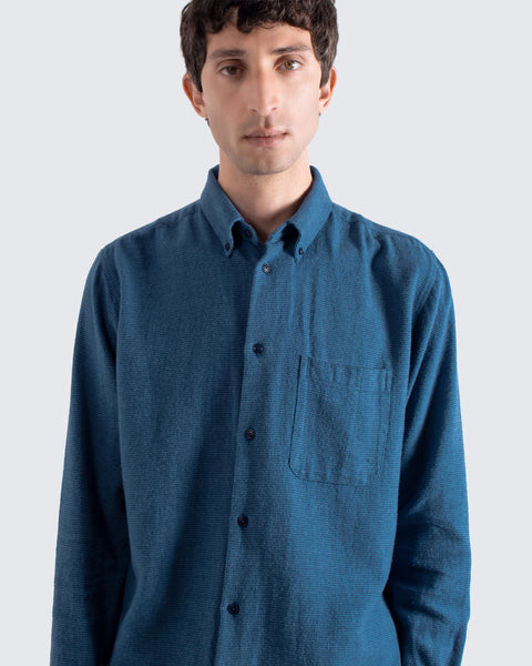 Far Afield AFS940 Mod Button Down Shirt In Navy / Blue - Brushed Dobby