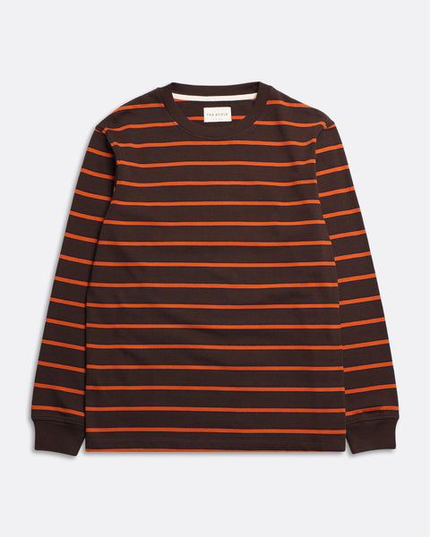 Far Afield AFTS297 Tres Striped Long Sleeved T Shirt In Slate Brown/Burnt Orange