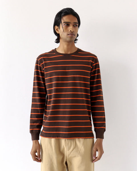 Far Afield AFTS297 Tres Striped Long Sleeved T Shirt In Slate Brown/Burnt Orange