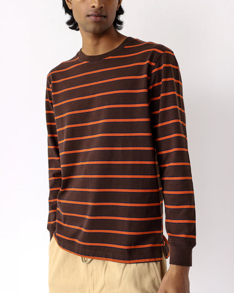 Far Afield AFTS297 Tres Striped Long Sleeved T Shirt In Slate Brown/Burnt Orange