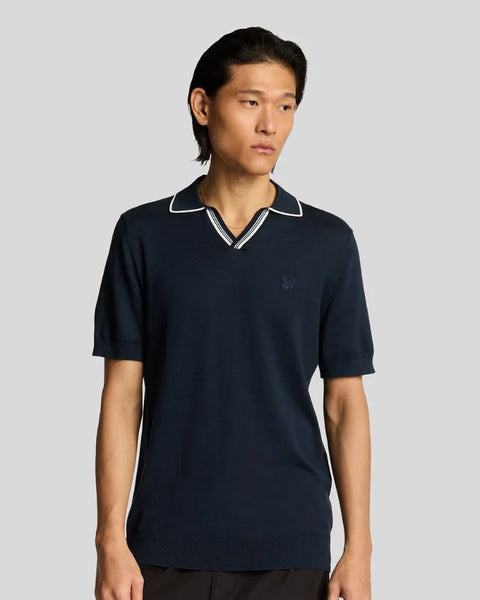 Lyle & Scott KN2229TON Tipped Knitted Open Collar Polo In Dark Navy