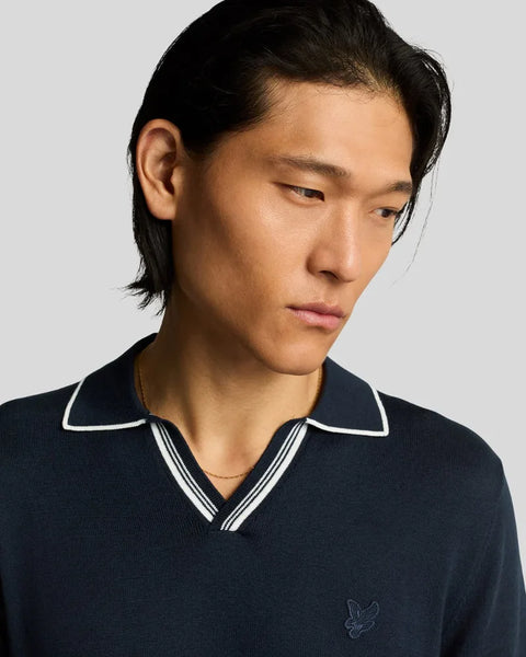 Lyle & Scott KN2229TON Tipped Knitted Open Collar Polo In Dark Navy