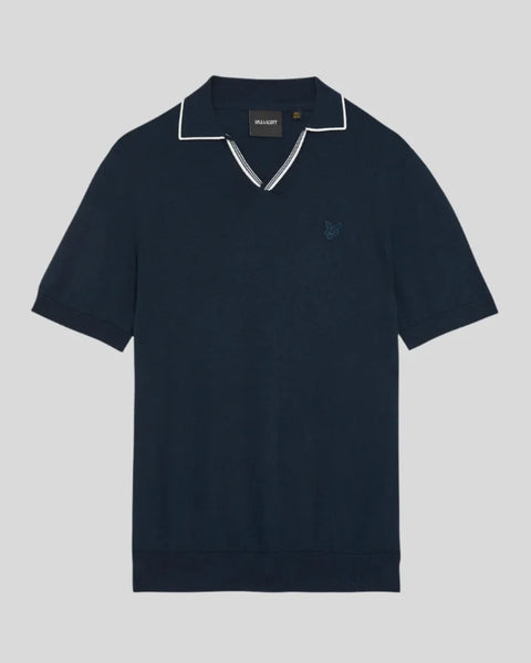 Lyle & Scott KN2229TON Tipped Knitted Open Collar Polo In Dark Navy